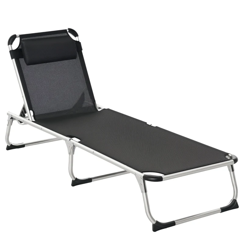 Outsunny Tumbona Plegable Reclinable de Aluminio con Reposacabezas Extraíble y Respaldo Transpirable Ajustable en 4 Posiciones para Jardín Terraza Camping Exterior 170x60x76 cm Negro