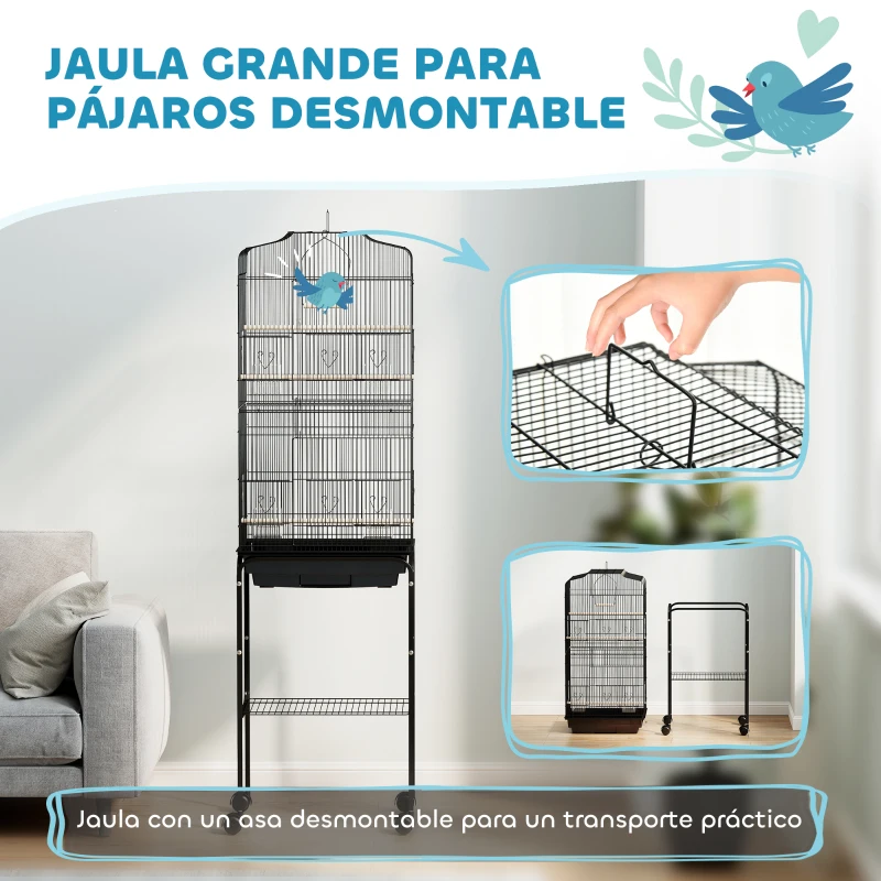 PawHut Jaula para Pájaros con Soporte Jaula Metálica con Ruedas Bandeja Extraíble y Estante 46,5x36x157 cm Negro