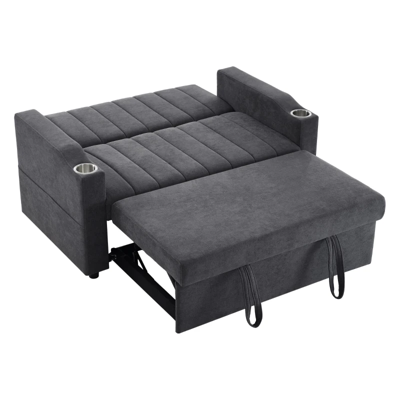 Canapé-lit multifonction moderne avec dossier réglable, porte-gobelet et coussin, 136x162x84 cm, Gris