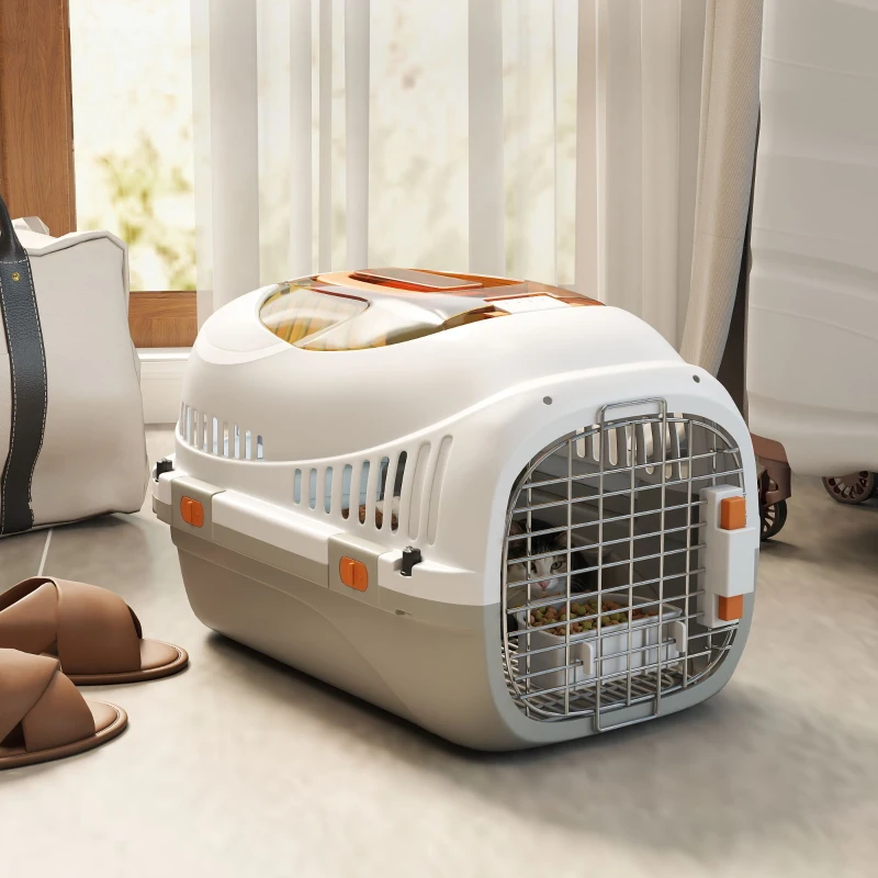 PawHut Plastic Pet Carrier Hard Shell Dog Cat Carrier Max 4 KG Steel Door Feed Bowl Secure Lock 49 x 32 x 31 cm