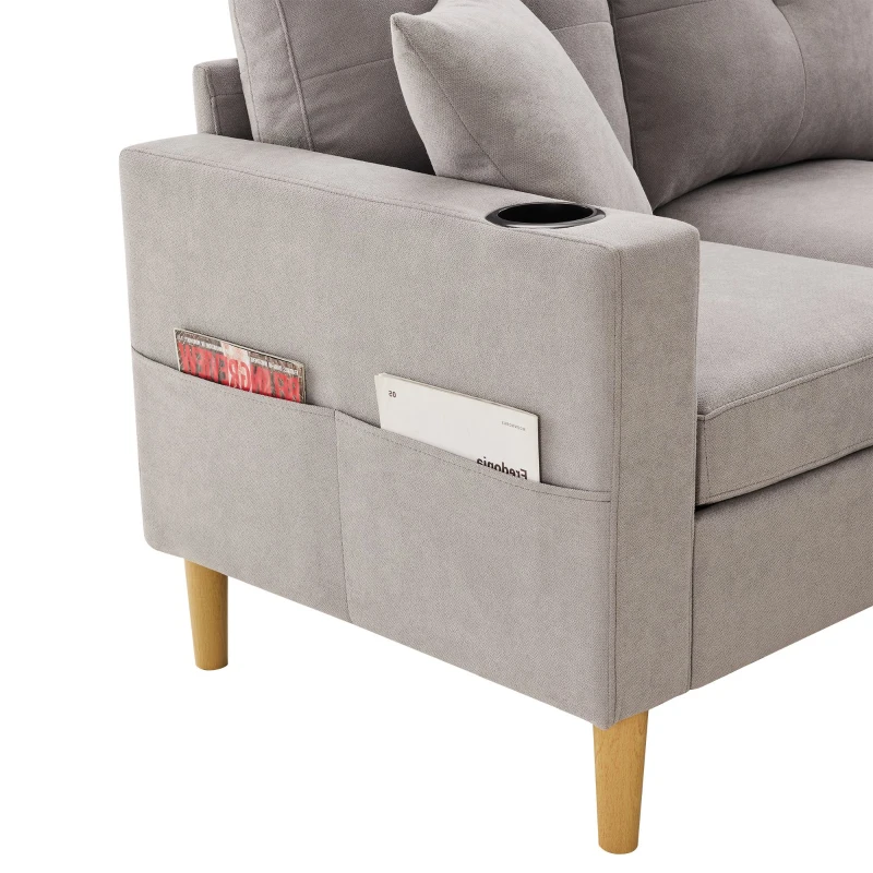 Canapé d'angle moderne en L, 3 places avec méridienne et rangement, porte-gobelet intégré, 175x129x90 cm, Gris clair