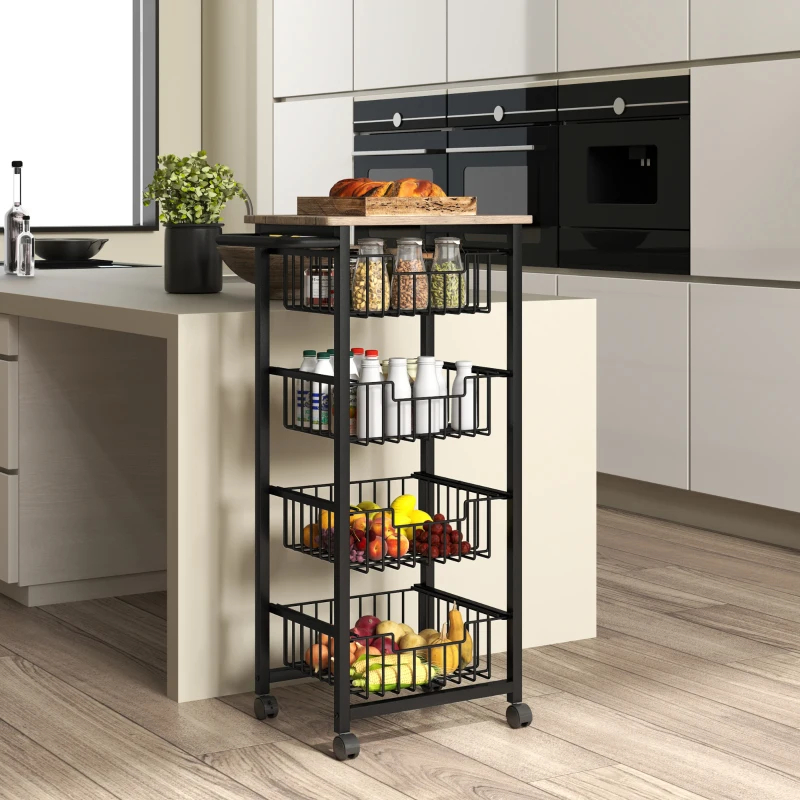 HOMCOM Chariot de rangement à 5 niveaux, desserte à roulettes, 4 paniers coulissants et plateau, 49,5x31x91cm, chêne et noir