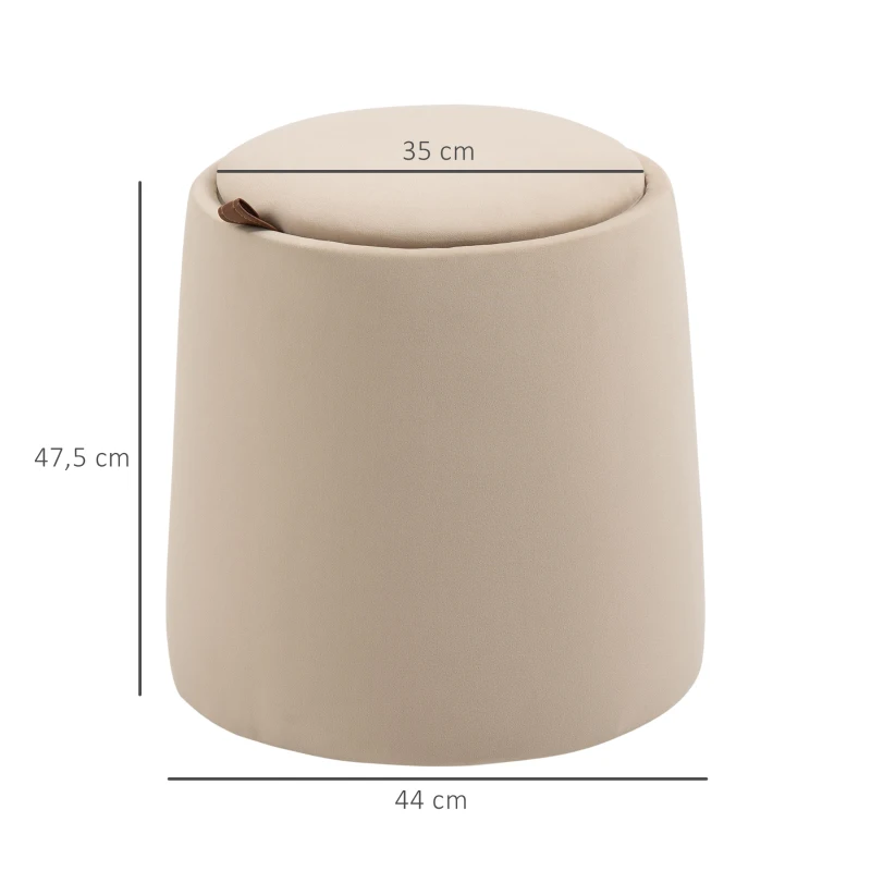 HOMCOM Pouf coffre rangement, pouf repose-pieds en tissu velours givré, couvercle réversible, Ø 44 x 47,5 cm, beige