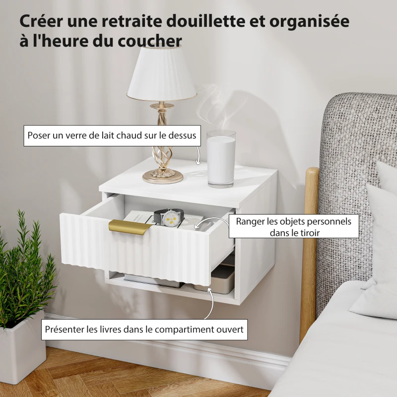 HOMCOM Lot de 2 tables de chevet suspendues, tables de nuit murales avec tiroir et niche, moderne, 40x34x29cm, blanc