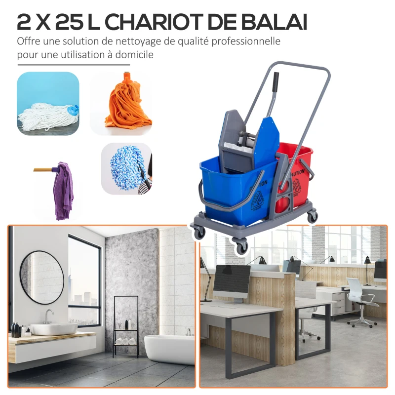 HOMCOM Chariot de lavage chariot de nettoyage professionnel presse à mâchoire 2 seaux 25 L 73L x 45l x 92H cm plastique gris bleu rouge