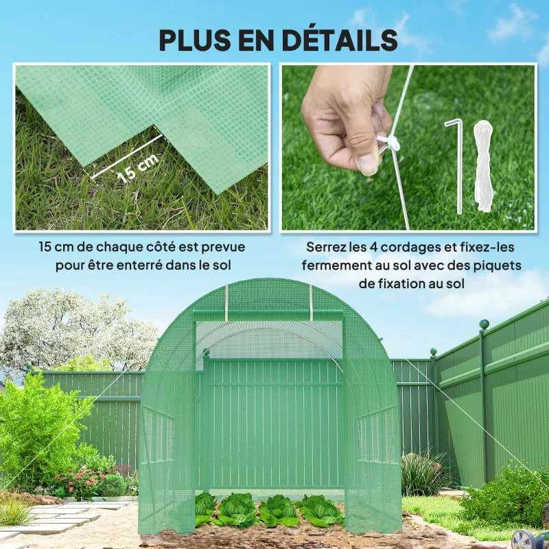 Outsunny Serre de Jardin Tunnel Surface Sol 7m² 3,5L x 2l x 2H m châssis Tubulaire renforcé Porte zippée 6 fenêtres enroulables Vert