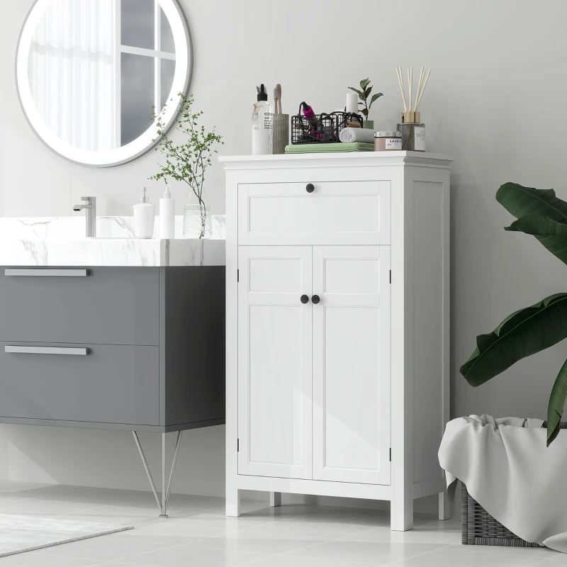 HOMCOM Meuble de salle de bain avec tiroir et étagères réglables, armoire de rangement sur pied, hauteur 102,5 cm, blanc