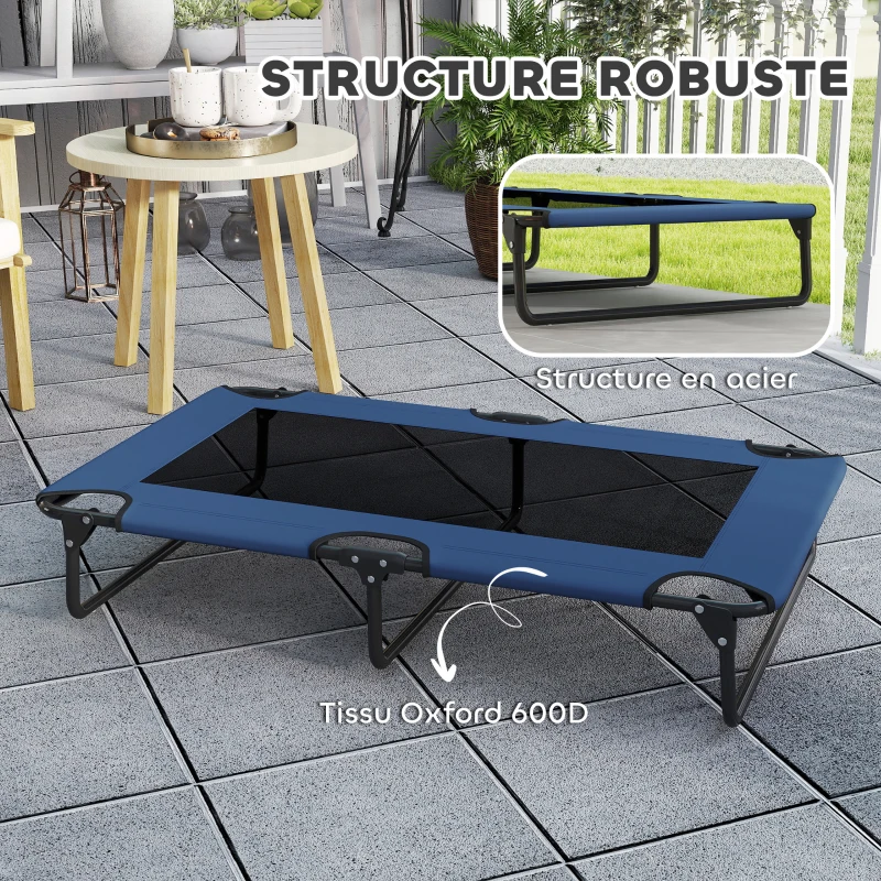 PawHut Lit surélevé pour chiens pliable rafraîchissant, lit de camp pour animaux en maille respirante 107x61x20cm bleu foncé