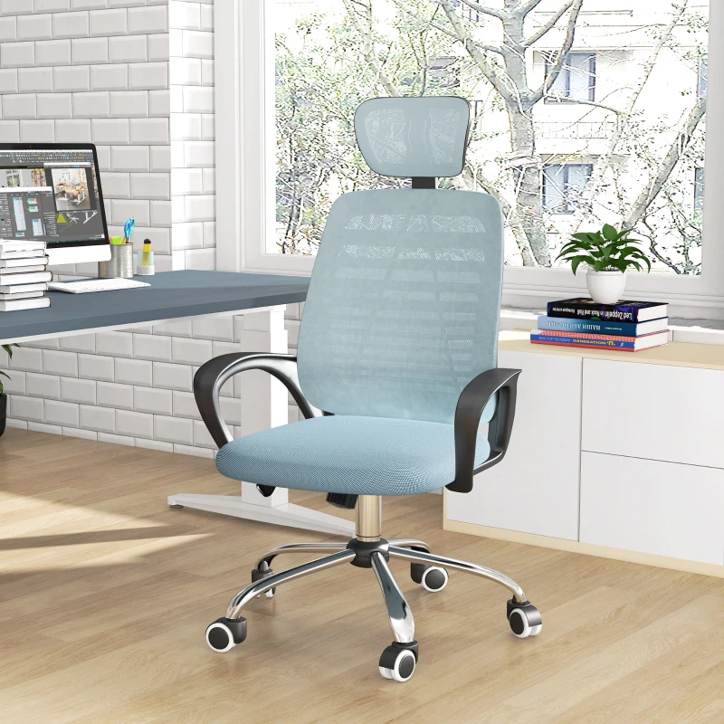 Vinsetto Fauteuil chaise de bureau avec appui-tête réglable soutien lombaire accoudoir roulettes 63 x 66 x 122 cm bleu