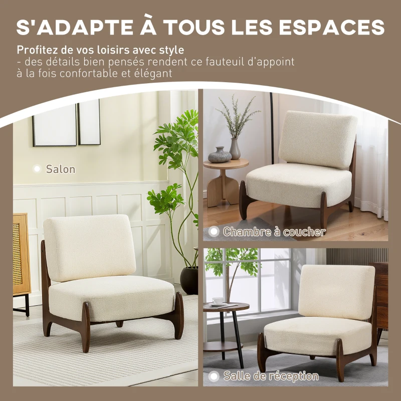 HOMCOM Fauteuil salon en chenille, fauteuil chambre confortable, coussin épais, assise rembourrée, 72 x 73,5 x 81 cm, crème