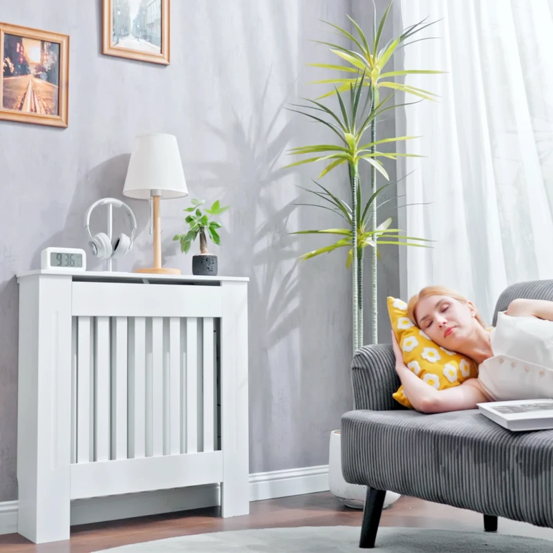 HOMCOM Cache-radiateur couverture radiateur grille d'aération verticale à lattes 78L x 19l x 81H cm en bois Blanc