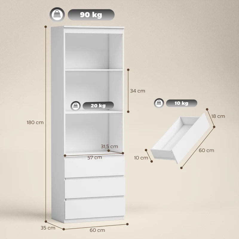 HOMCOM Bibliothèque haute de 180 cm avec 3 étagères et 3 tiroirs 60 x 35 x 180 cm en bois blanc