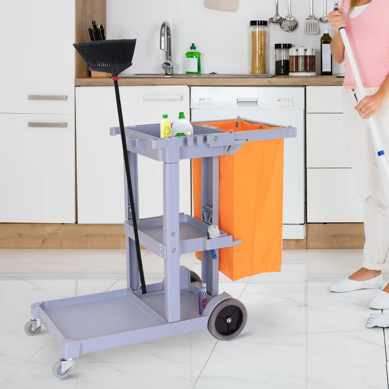HOMCOM Chariot-poubelle chariot de nettoyage professionnel 3 plateaux sac grande résistance fourni jaune gris