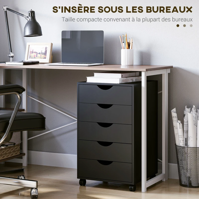 HOMCOM Caisson bureau mobile, meuble rangement bureau sur roulettes, 5 tiroirs, 40 x 40 x 67 cm, noir