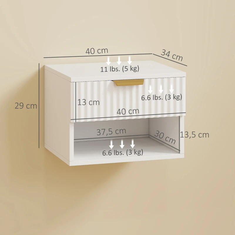 HOMCOM Lot de 2 tables de chevet suspendues, tables de nuit murales avec tiroir et niche, moderne, 40x34x29cm, blanc