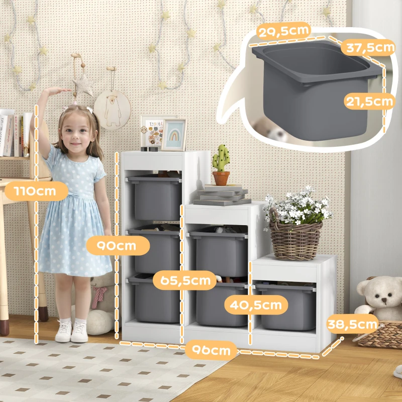 AIYAPLAY Meuble de rangement pour jouets des enfants avec 6 bacs amovibles, 3 niveaux de rangement, 96 x 38,5 x 90, gris