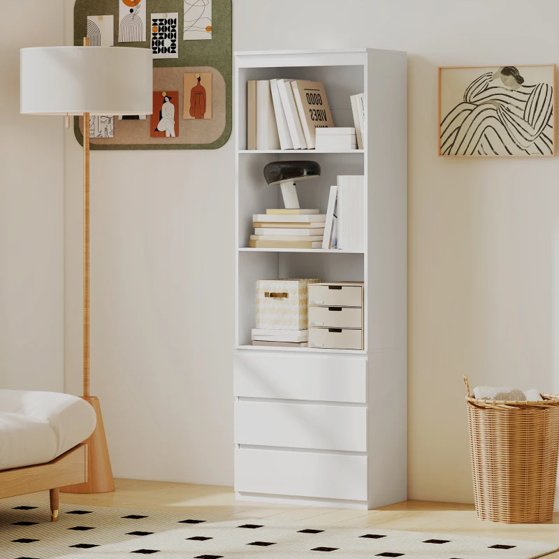 HOMCOM Bibliothèque haute de 180 cm avec 3 étagères et 3 tiroirs 60 x 35 x 180 cm en bois blanc