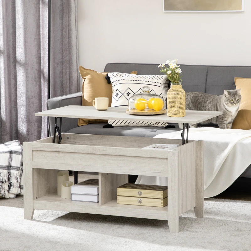 HOMCOM Table basse plateau relevable, table de salon avec étagères et compartiment caché,105 x 50 x 49-62,5 cm pour salon, chambre, aspect chêne clair