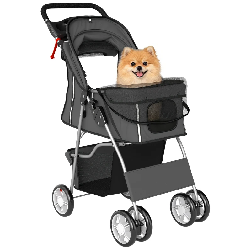 PawHut Foldable Pet Stroller Dog Buggy with Reflective Strip, Storage Basket, Cushion for Small Dogs up to 10 kg 77x44x102 cm Dark Grey