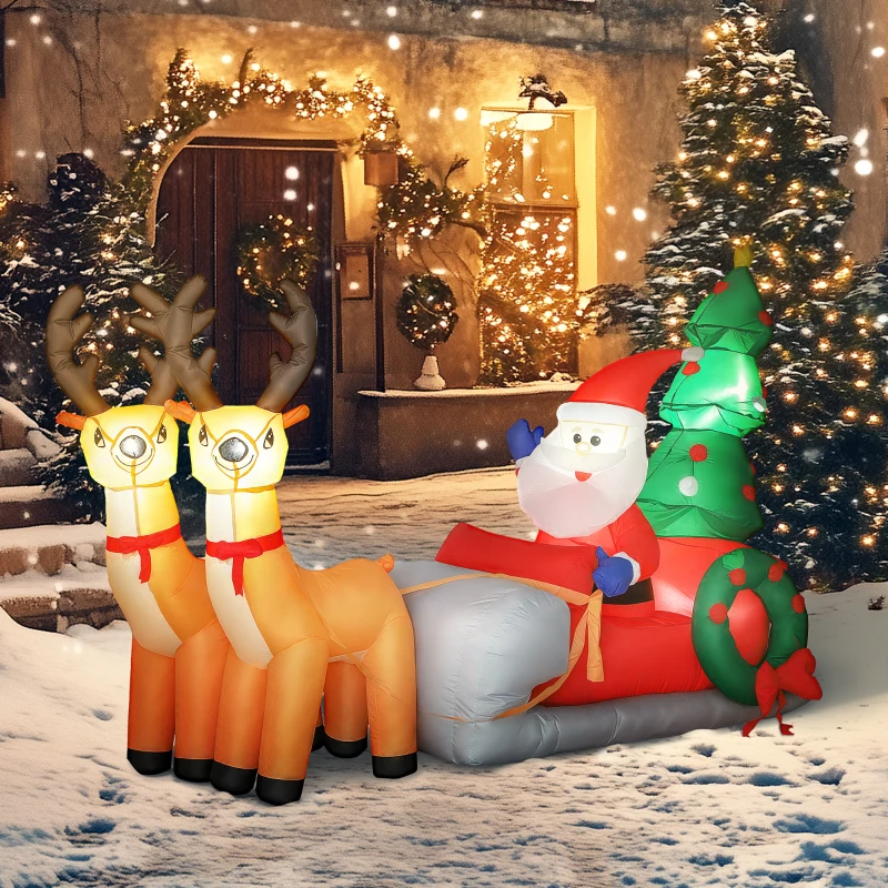 Outsunny Père Noël gonflable de 2,1 m sur traîneau avec deux rennes, décoration de Noël gonflable avec lumières LED intégrées