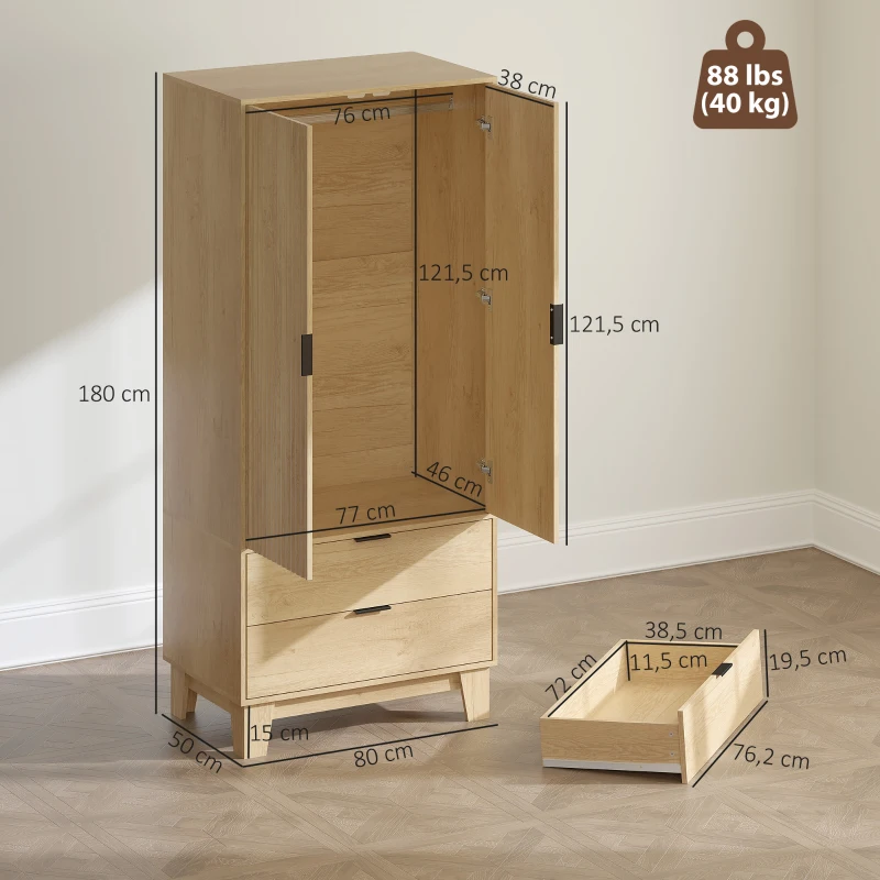HOMCOM Armoire chambre penderie avec 2 portes à fermeture douce, 2 tiroirs et barre de suspension, 80x50x180cm, bois naturel