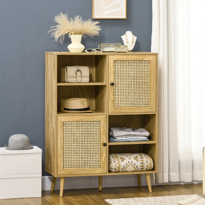 HOMCOM Buffet meuble de rangement armoire haut aspect bois et cannage design 2 portes - dim. 90L x 32,5l x 120H cm