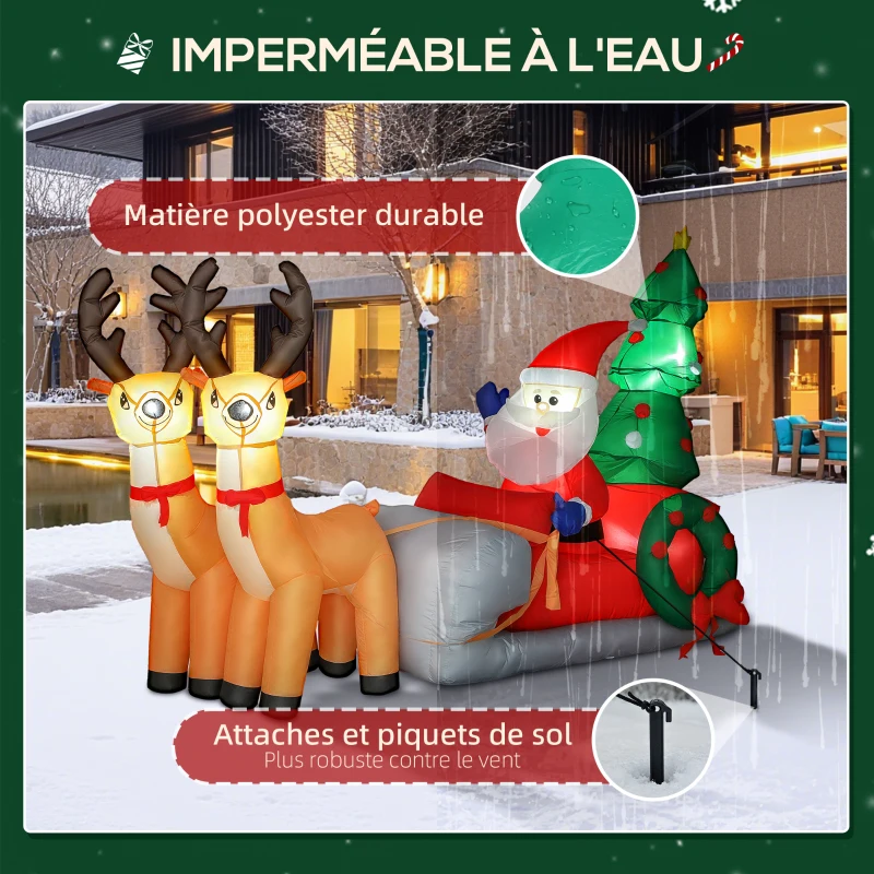 Outsunny Père Noël gonflable de 2,1 m sur traîneau avec deux rennes, décoration de Noël gonflable avec lumières LED intégrées