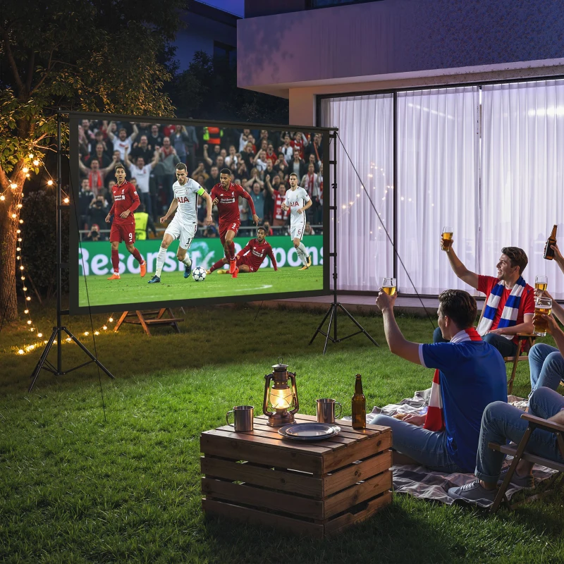 HOMCOM Pantalla para Proyector 254 cm 16:9 HD 4K/8K, Ángulo de Visión 160°, Doble Cara y Trípodes Plegables, Blanco