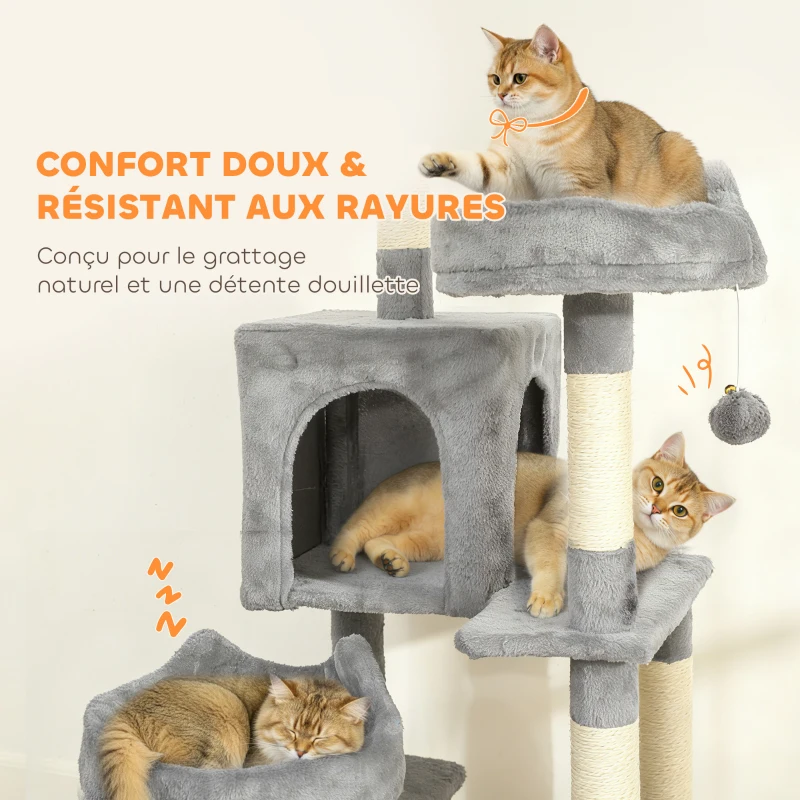 PawHut Arbre à chat tour de jeux pour chat 8 poteaux à griffer 4 plateformes 2 niches  échelle et 3 boules hauteur 192 cm gris