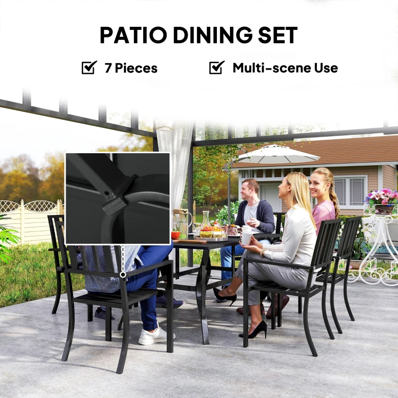 Outsunny 7 Pieces Garden Table and Chairs 6 Seater Outdoor Table and Chairs with Umbrella Hole, for Poolside, Garden, Black