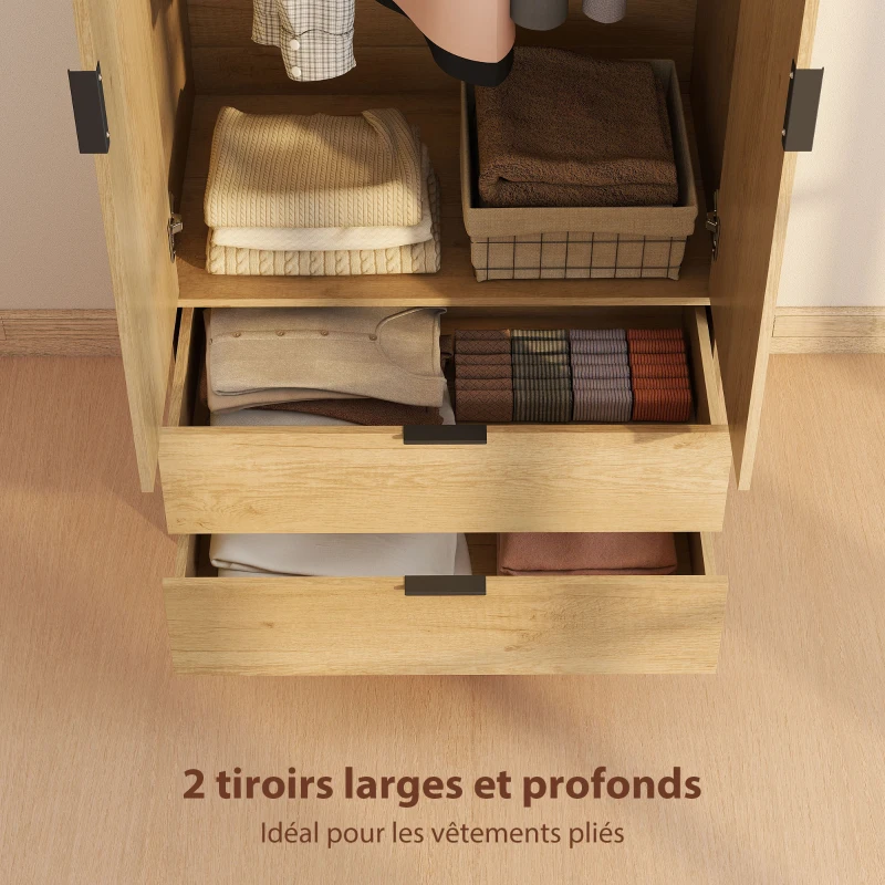 HOMCOM Armoire chambre penderie avec 2 portes à fermeture douce, 2 tiroirs et barre de suspension, 80x50x180cm, bois naturel