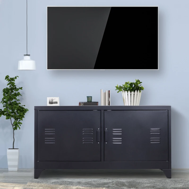 HOMCOM Meuble TV banc télévision design industriel 2 placards avec 2 étagères réglables passe-câbles structure acier noir