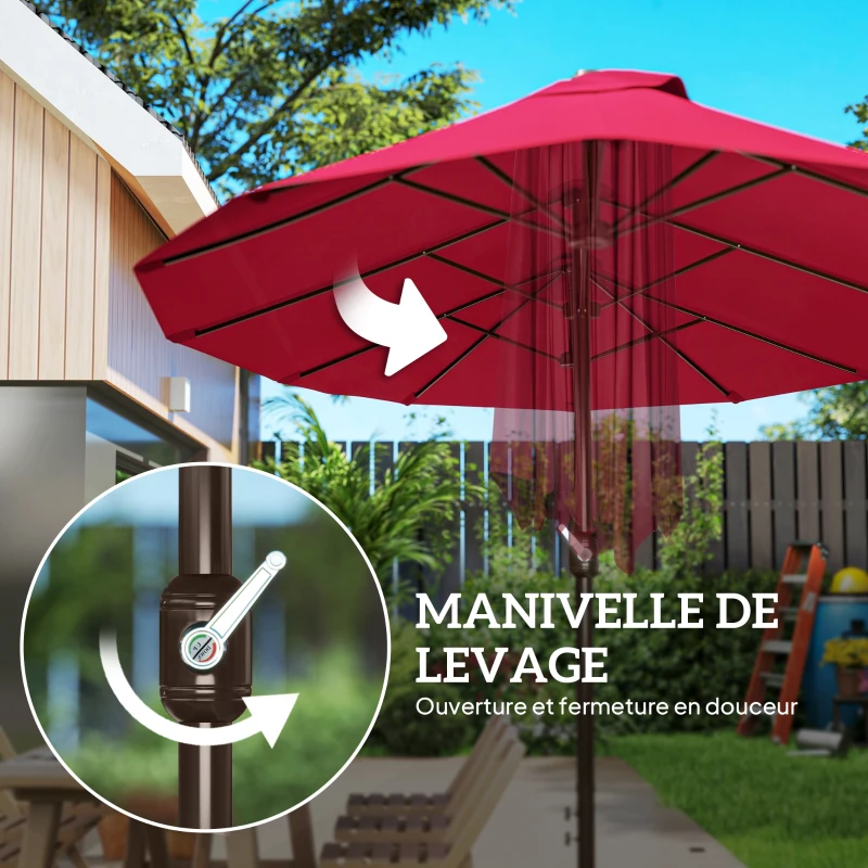 Outsunny Parasol de jardin exterieur parasol double rectangulaire 4,6L x 2,7l x 2,4H m avec ouverture fermeture manivelle, sacs de lestage et base inclus, pour balcon, piscine, bordeaux