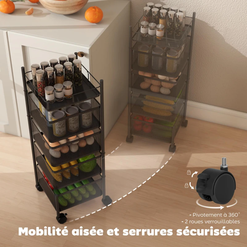 HOMCOM Desserte de cuisine à roulettes à 5 niveaux, chariot de rangement 4 paniers rotatifs, étagère, 27,5x27,5x77cm, noir
