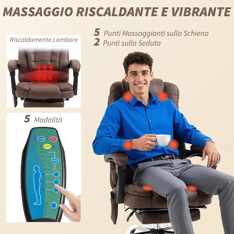 Vinsetto Poltrona da Ufficio con Telecomando e 6 Punti di Massaggio, in Microfibra, 65x70x111-119 cm, Marrone