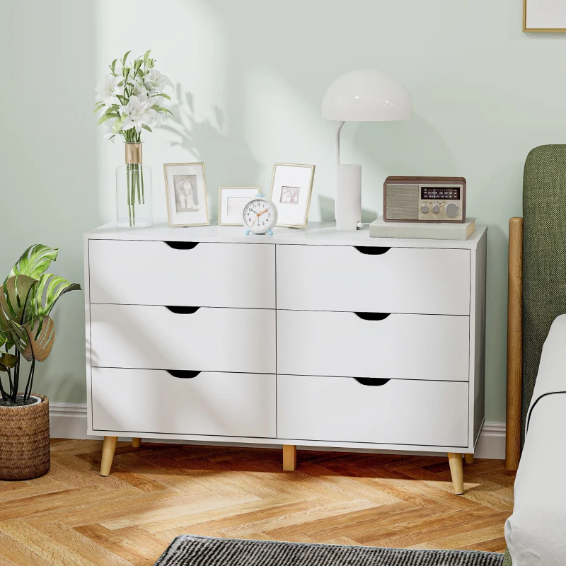 HOMCOM Commode 6 tiroirs meuble de rangement 5 pieds biseautés en bois  120 x 40 x 76 cm blanc