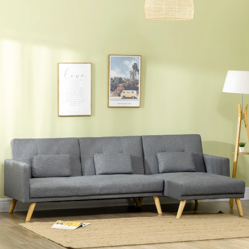 HOMCOM Canapé d'angle convertible avec méridienne 3 places accoudoirs 3 coussins rembourrées 245 x 127 x 83 cm gris