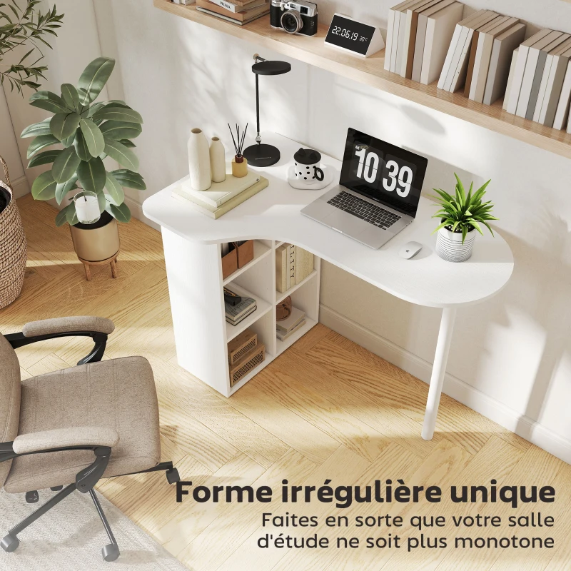 HOMCOM Bureau irrégulier table d'ordinateur 100 x 59 cm avec 6 compartiments, 4 étagères réglables et cadre en acier, blanc