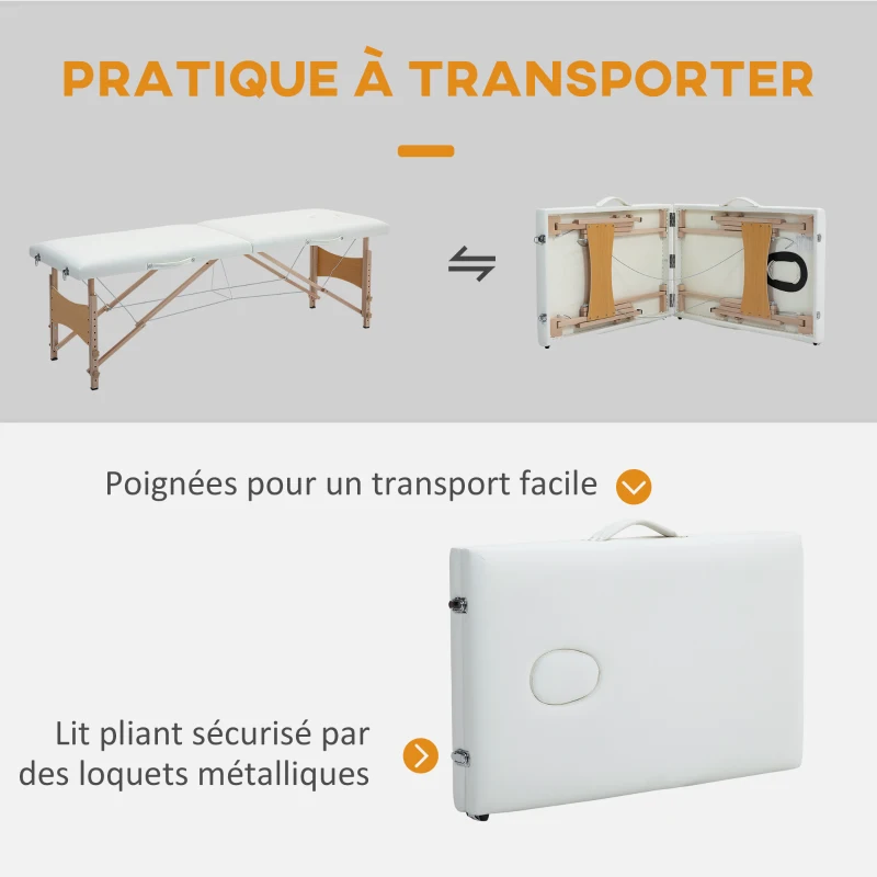 HOMCOM Table de massage pliante, lit de massage 2 zones, hauteur réglable, oreiller facial amovible, 186 x 60 x 58-81 cm, crème