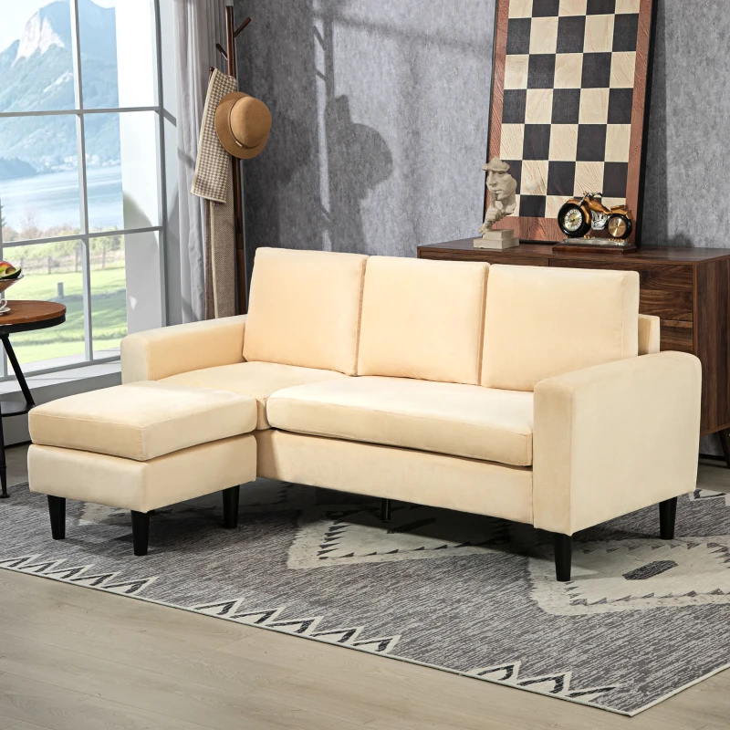 HOMCOM Canapé d'angle modulable avec pouf et 3 coussins, pieds en bois, tissu effet velours beige