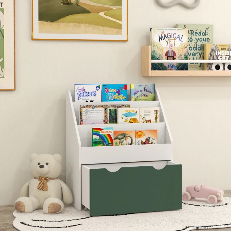 AIYAPLAY Bibliothèque pour enfants Multi-Rangement avec 3 niveaux d'étagères et un tiroir, 62,5L x 30l x 70H cm, vert