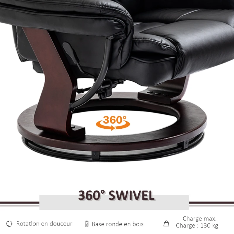 HOMCOM Fauteuil relax inclinable 135° grand confort pivotant 360° avec repose-pieds revêtement synthétique noir