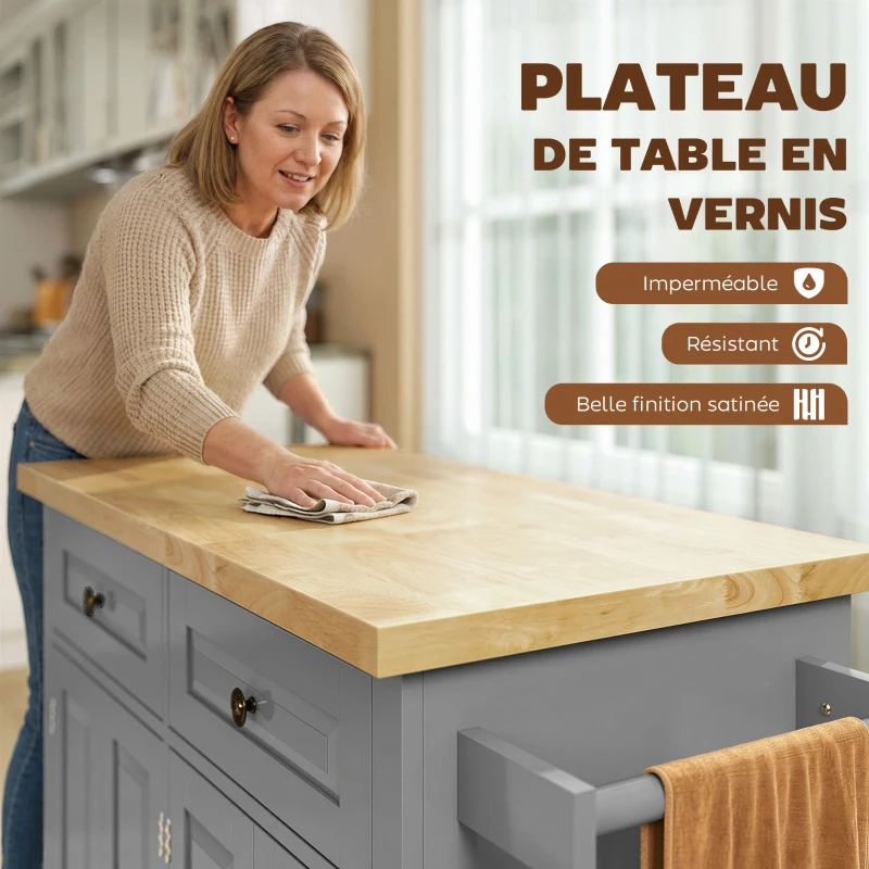 HOMCOM Desserte ilôt de cuisine multi rangements 2 tiroirs 2 placard 2 portes avec étagère range-bouteille porte-torchons et étagère réglable MDF gris hévéa