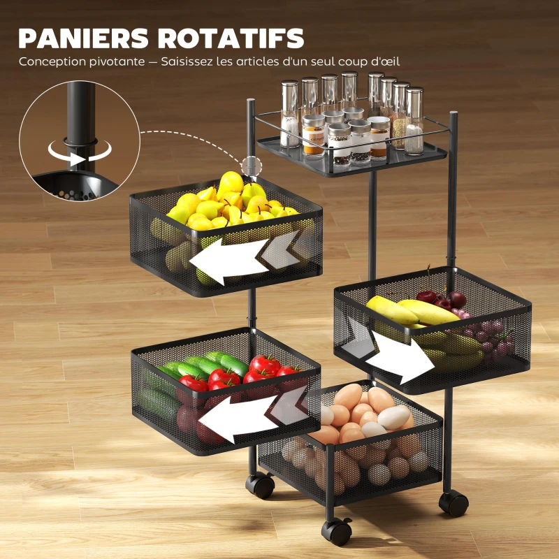 HOMCOM Desserte de cuisine à roulettes à 5 niveaux, chariot de rangement 4 paniers rotatifs, étagère, 27,5x27,5x77cm, noir