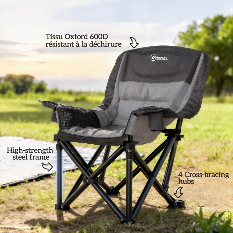 Outsunny Chaise de camping pliante et portable avec porte-gobelets, poches latérales et sac de transport, noir