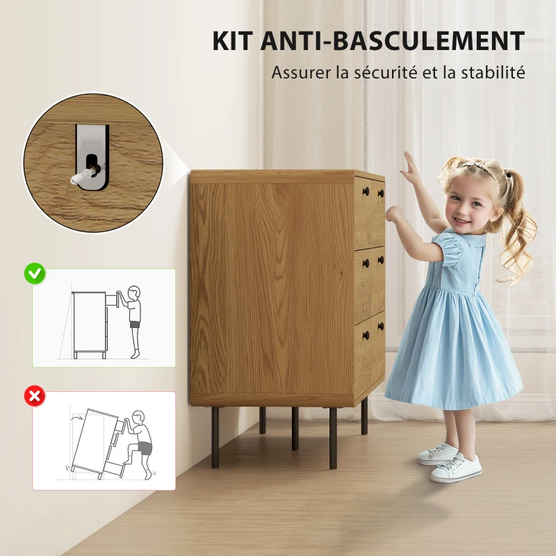 HOMCOM Commode 6 tiroirs meuble de rangement style moderne coins arrondis et pieds en acier 120 x 40 x 75cm effet bois de chêne