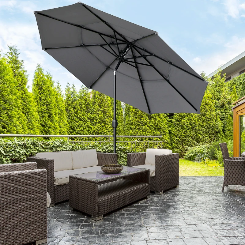 Outsunny Parasol de jardin extérieur parasol inclinable Ø 2,85 x 2,5 m avec manivelle, 2 évents, toile 180 g/m², Anti-UV, gris