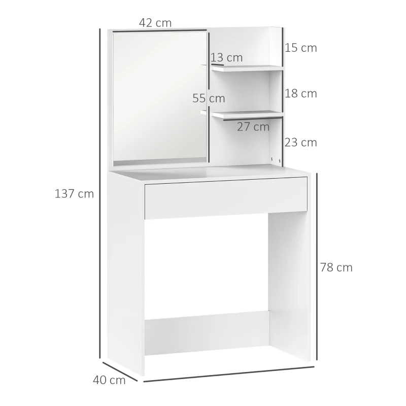 HOMCOM Coiffeuse avec miroir, table de maquillage avec tiroir et étagères, pour chambre à coucher, 75l x 40P x 137H cm, blanc