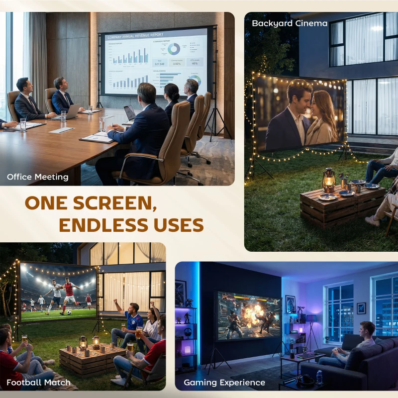 HOMCOM Pantalla para Proyector 254 cm 16:9 HD 4K/8K, Ángulo de Visión 160°, Doble Cara y Trípodes Plegables, Blanco