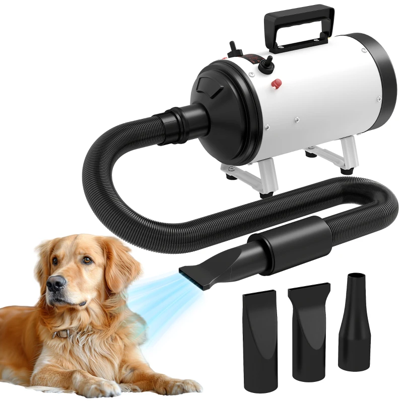 PawHut Sèche-cheveux pour chien pulseur chien professionnel 2200W avec 3 buses différentes faible bruit 3 températures blanc